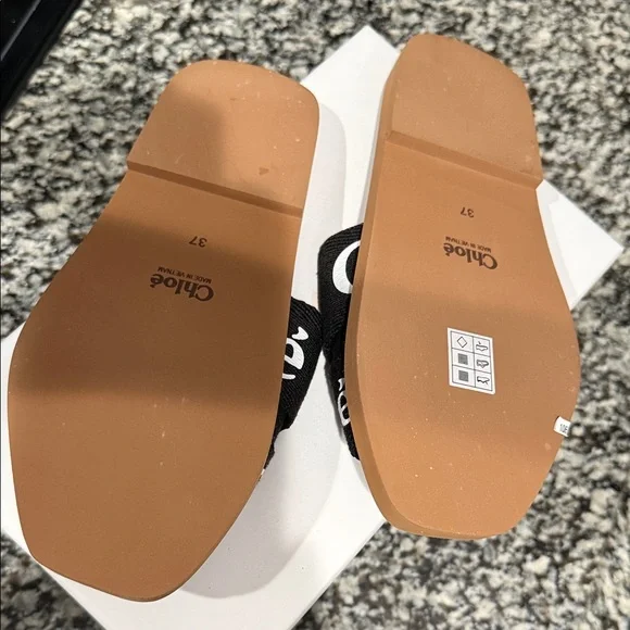 Chloé Black Canvas Logo Slide Sandals with Tan Footbed - Picture 3 of 8